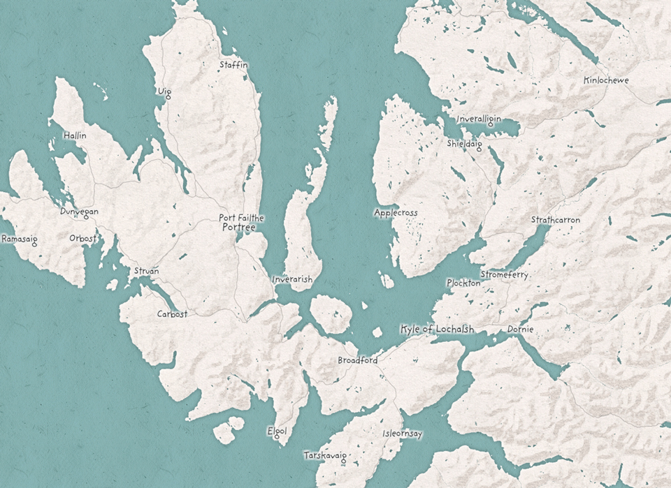 A map of Skye, showing how Broadford sits in the southern part